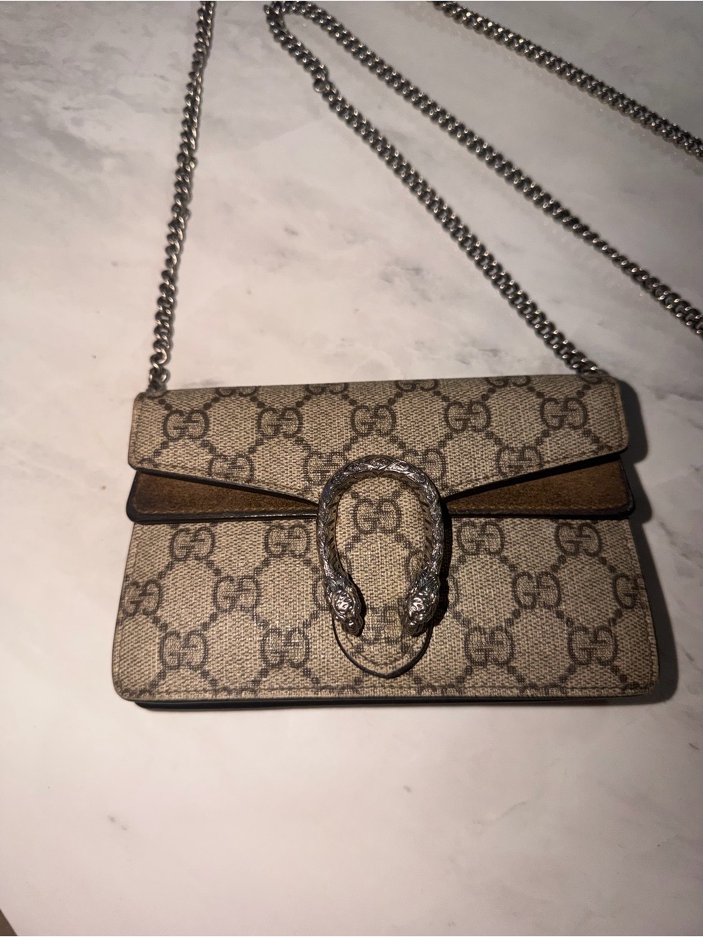 Gucci Beige Brown GG Supreme Dionysus Crossbody Mini Bag with Silver Hardware